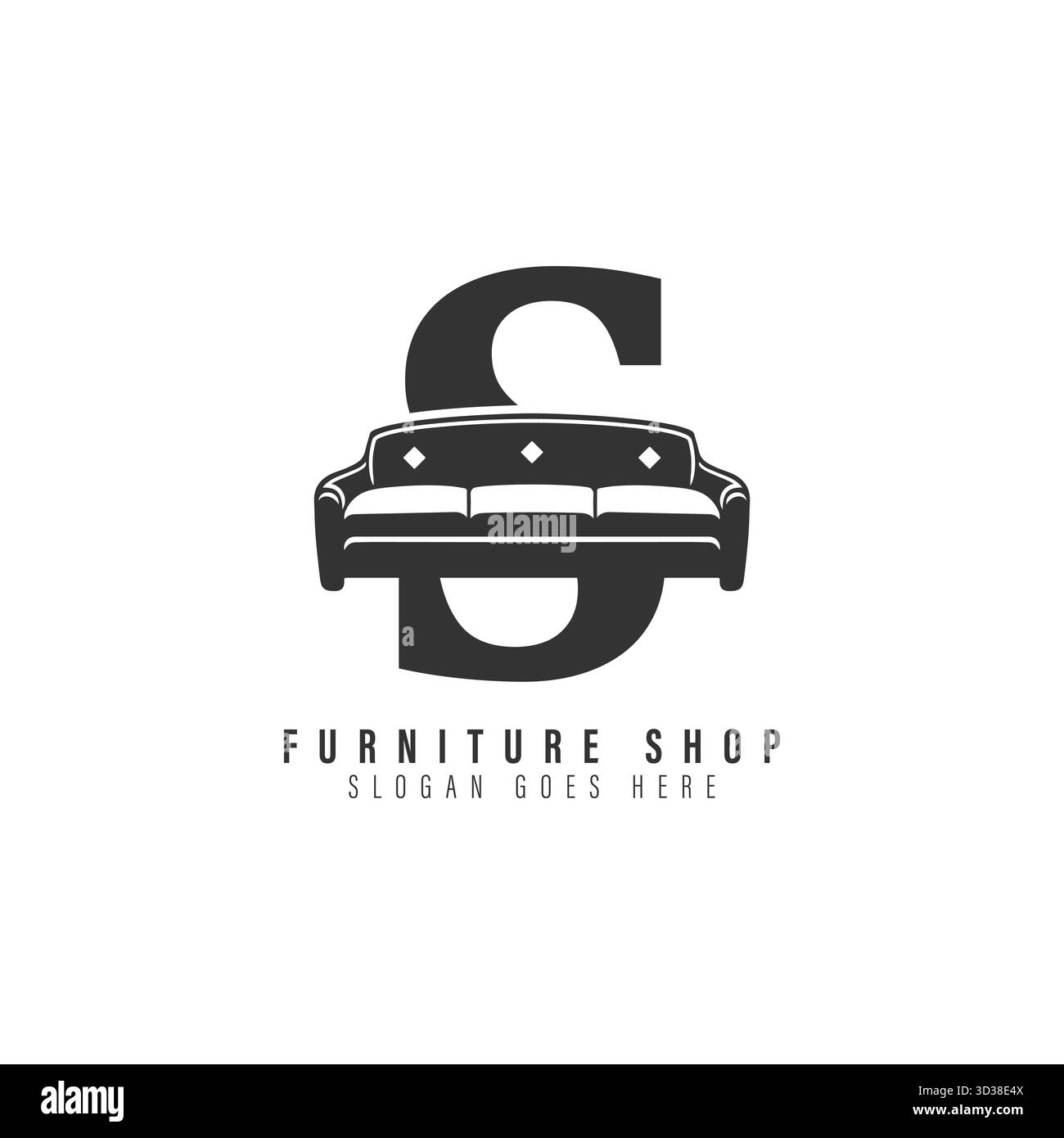 Design des Sofas „Letter S“. Symbol für Möbel mit Buchstabe S Stock Vektor