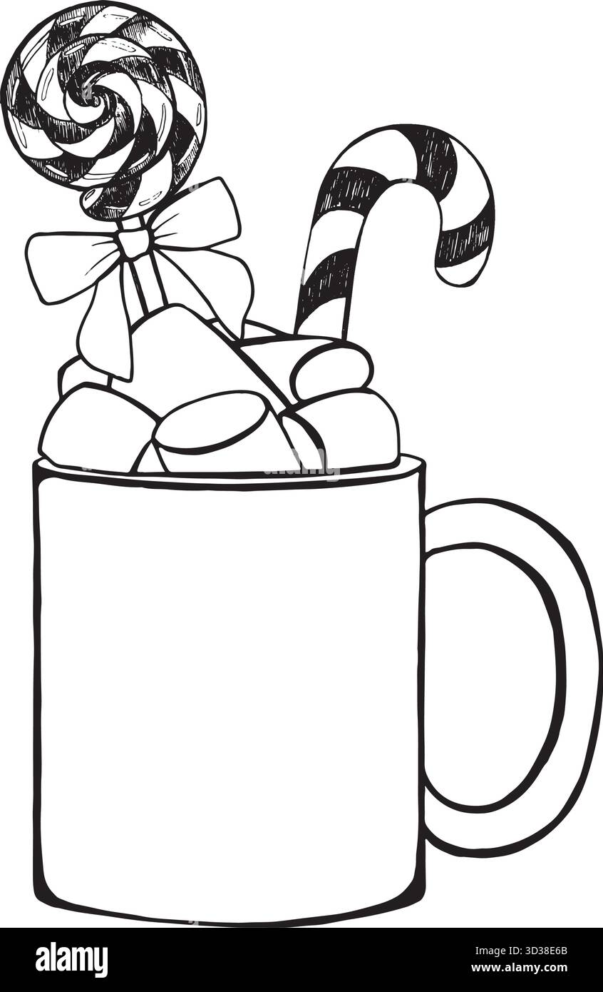 Vektor-Illustration mit einem Becher Kakao und Marshmallows, mit Lutscher. Schwarz-weiß-Grafiken mit festlichen Weihnachten, winterliche Süßigkeiten werden von gezeichnet Stock Vektor