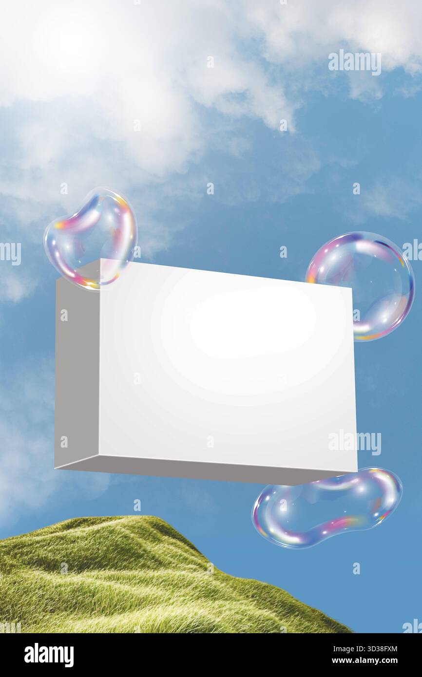 Seifenbox mit Luftblasen-Werbedesign. Box fliegender Himmel Hintergrund. 3D-Abbildung Stockfoto