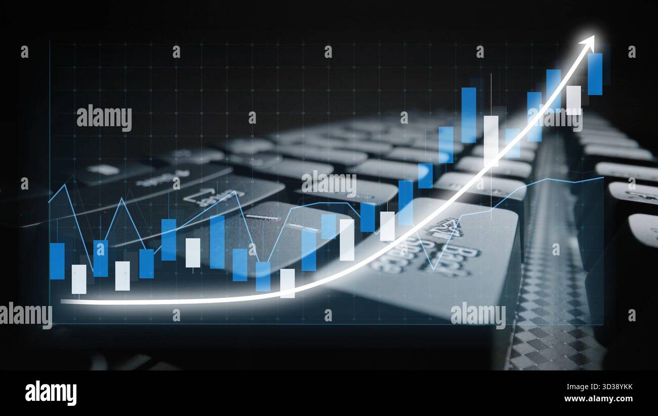 Dieses Bild zeigt eine Tastatur mit einer Überlagerung des Finanzwachstumsdiagramms, die die steigenden Trends bei Datenanalysen und der Investitionsleistung für veranschaulicht Stockfoto