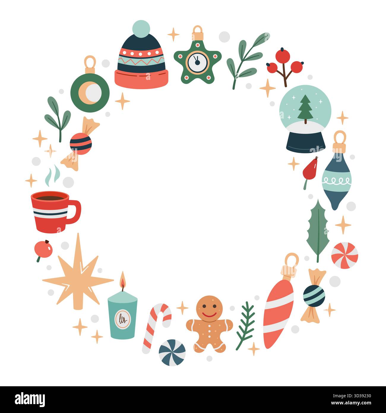 Handgezeichneter, runder Weihnachtsrahmen, Kopierraum. Kritzelnde Weihnachtsdekoration mit rundem Rahmen. Weihnachtsgeschenke, Süßigkeiten, Süßigkeiten, Kekse. Vektor Stock Vektor