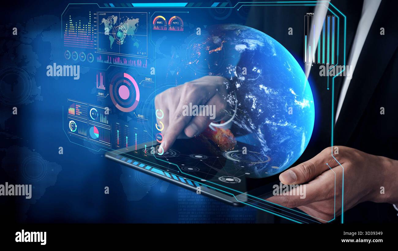 High-Tech-Schnittstelle für globale Netzwerkverbindungen, die weltweite digitale Kommunikation, Datenaustausch und Internetkonnektivität ermöglicht. Globale Verbindung Stockfoto