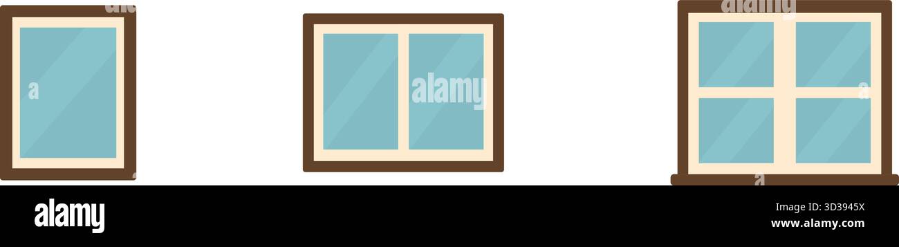 Eine lange, schmale Grafik zeigt drei quadratische Fenster mit Verkleidungen an einer Wand Stock Vektor