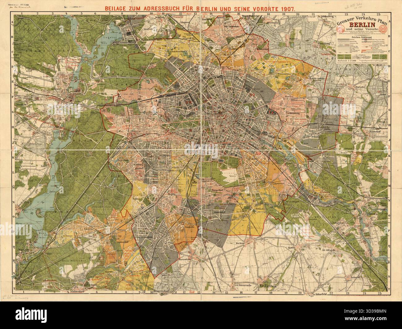 1907 Berliner Verkehrskarte – Großer Verkehrs-Plan, Deutscher Vintage-Stadtplan, Deutscher Vintage-Stadtplan, Deutscher Vintage-Stadtplan, Historische Berliner Wandkunst Stockfoto