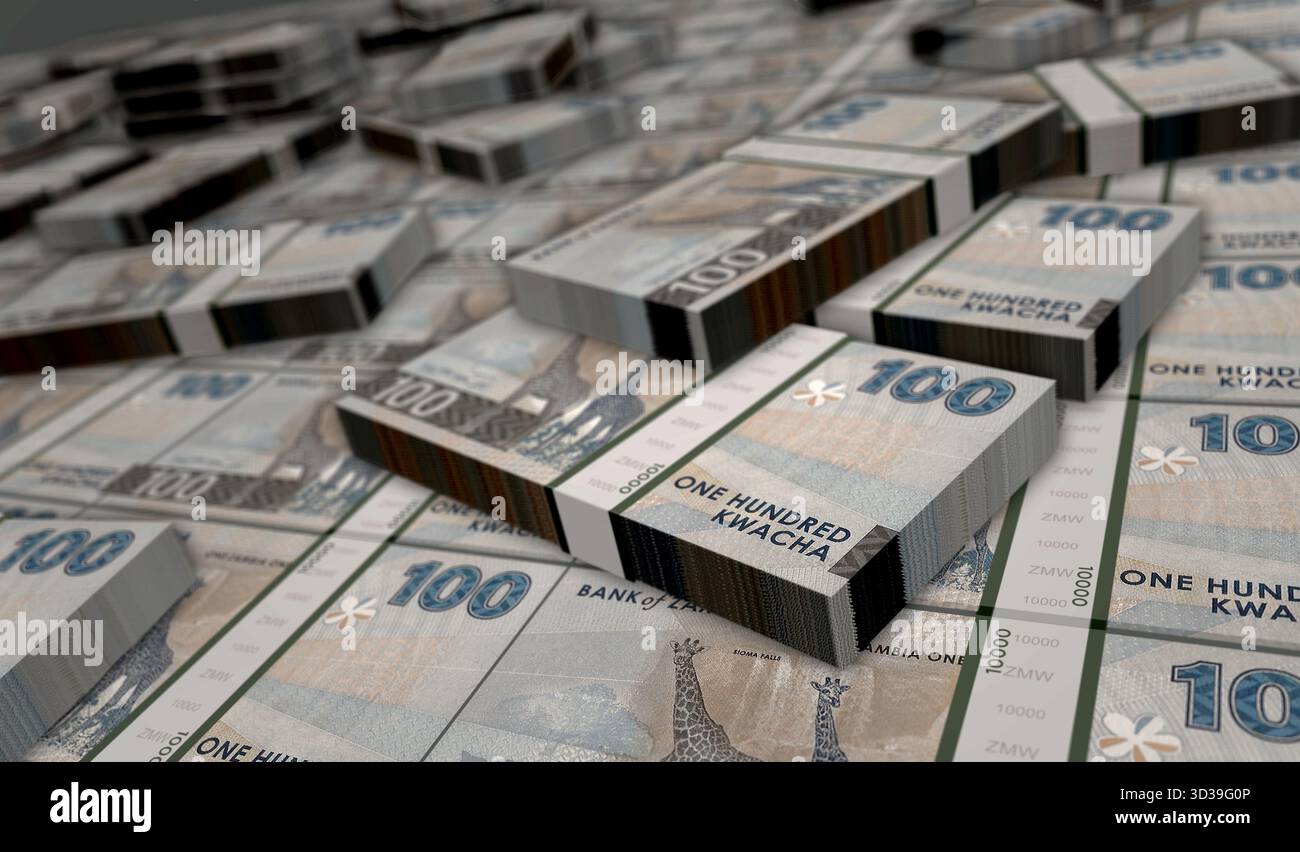 Zambia Kwacha Zambian Money Pack 3D Illustration. 100 ZMW-Banknotenbündel. Konzept von Finanzen, Bargeld, Wirtschaftskrise, Geschäftserfolg, re Stockfoto