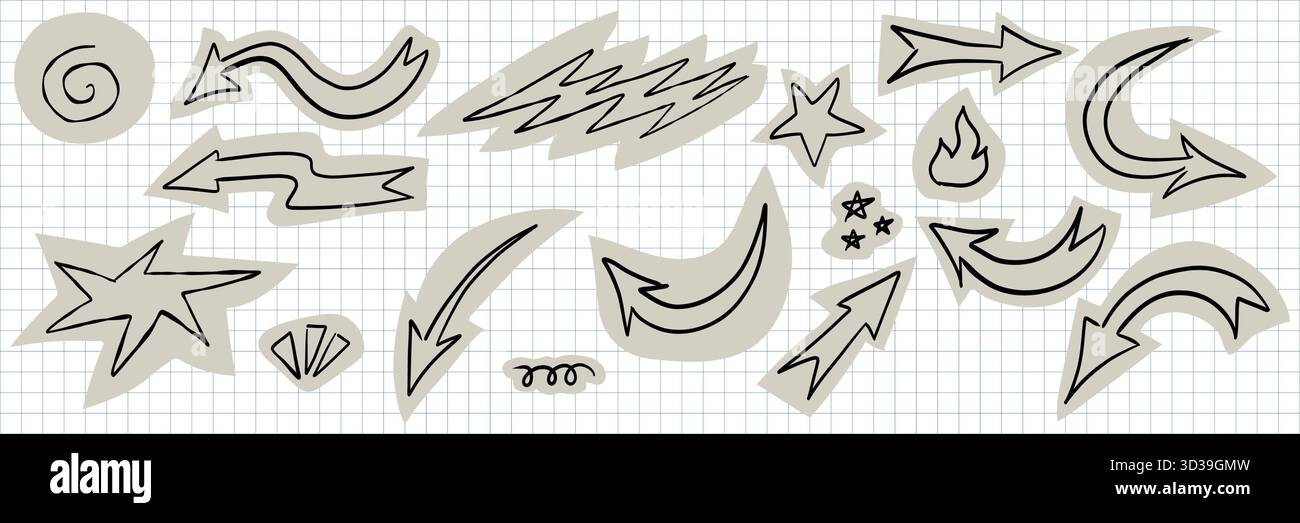 Skurrile Collage und Scrapbook-Ausschnitte. Kindliche Kreidekritzeleien, Kritzeleien und Papiertexturen im naiven Kunststil. Lustige Vektor-Designelemente für Stock Vektor