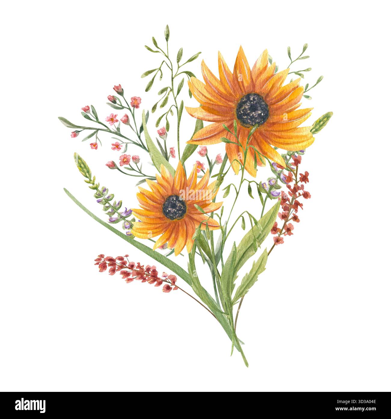 Aquarell helle Herbst Blumenstrauß Illustration auf isoliertem Hintergrund. Rudbeckia-Blüten, Spikelett, Wiesenblumen und Kräuterzusammensetzung. Stockfoto