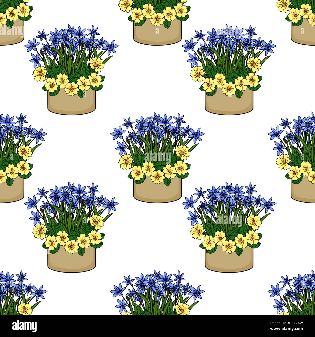Nahtloses Vektormuster aus vergossenen blauen und gelben Frühlingsblumen, mit scilla und Primeln in einem charmanten, handgezeichneten Stil. Stock Vektor