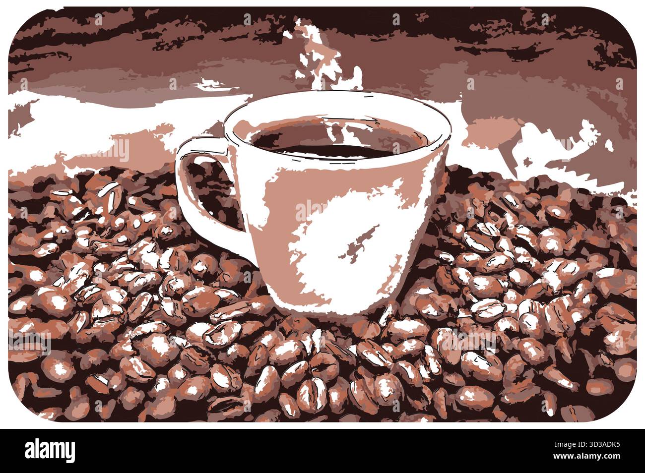 Impressionistisches Gemälde im Skizzenstil, Eine heiße Kaffeetasse auf Kaffeebohnen platziert, digitales Illustrationsvektorbild Stock Vektor