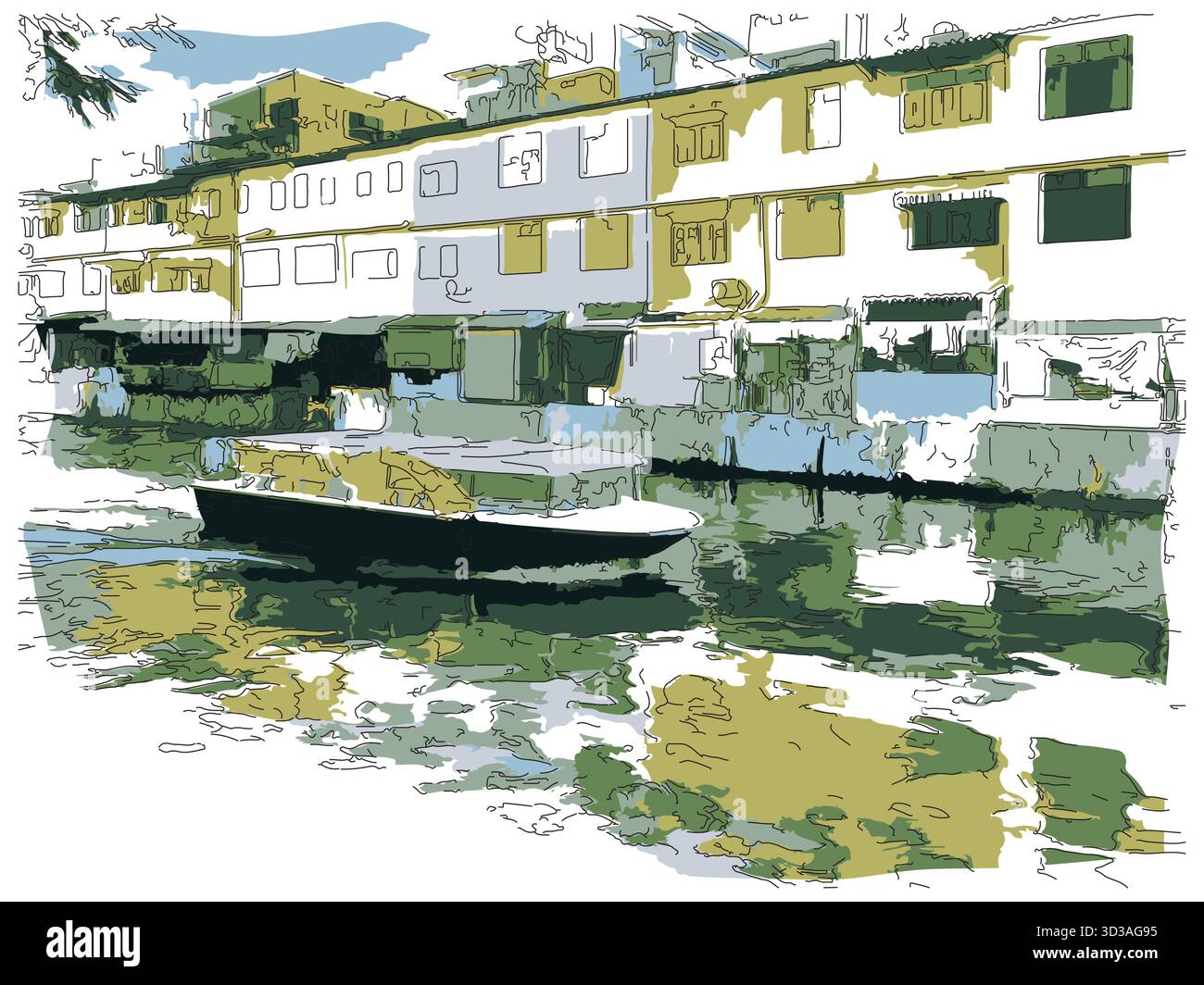 Impressionistisches Gemälde im Skizzenstil, Touristenboote fahren entlang der Kanäle durch Bangkoks Altstadt, digitales Illustrationsvektorbild Stock Vektor