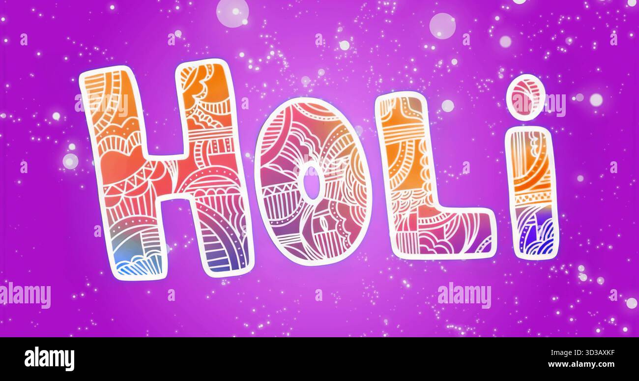 Mit stilisierten HOLI-Blockbuchstaben, die die violette Farbverlaufsfläche füllen, mit leuchtend weißen Funkeln Stockfoto