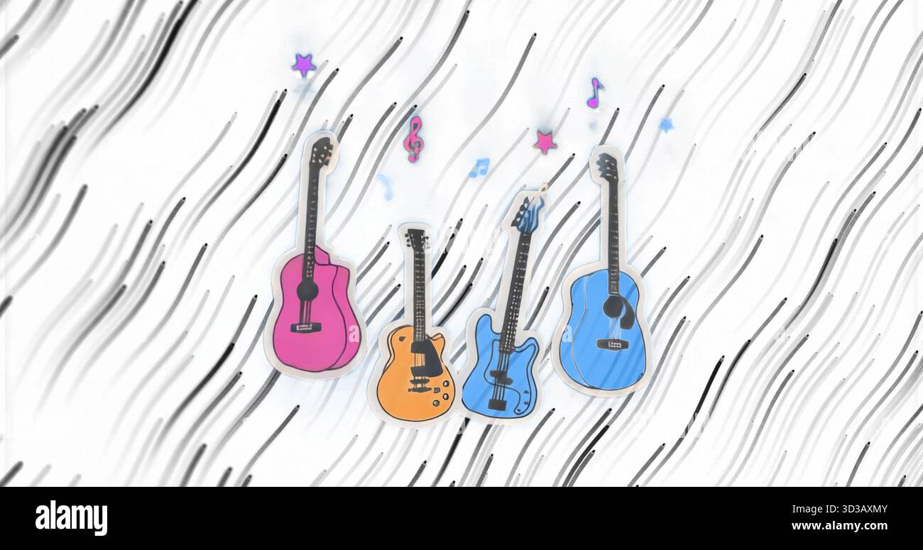 Vier stilvolle Gitarren vor Pinselstrich-Hintergrund mit Musiknoten und Sternen Stockfoto