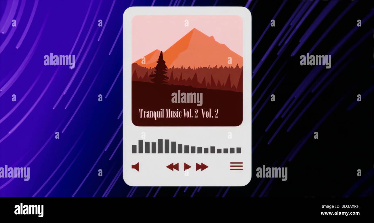Anzeige der Audio-Player-Karte auf abstrakter Oberfläche, mit Titelbeschriftung und Equalizer-Leisten Stockfoto