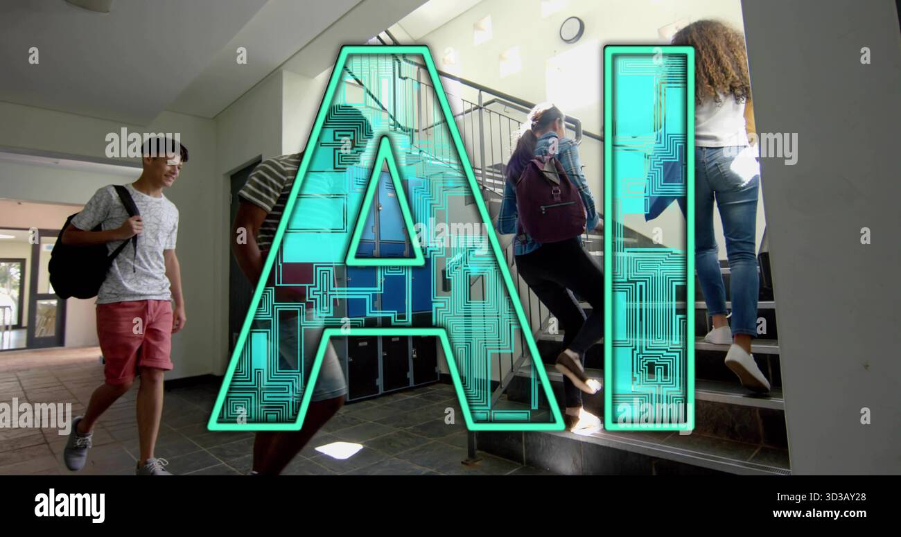 Aufsteigende Gruppe von Schülern, die die Schultreppe klettern, mit Rucksäcken, Schließfächern und Handlauf Stockfoto