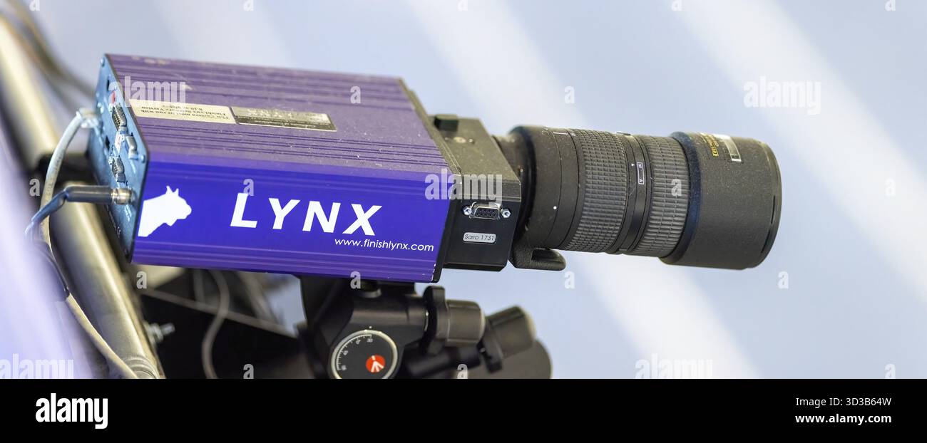 Calgary, Alberta, Kanada. Februar 2025. EtherLynx Vision pro Photo-Finish-Hochgeschwindigkeitskamera für bis zu 20, 000 Bilder pro Sekunde, speziell für Pre Stockfoto