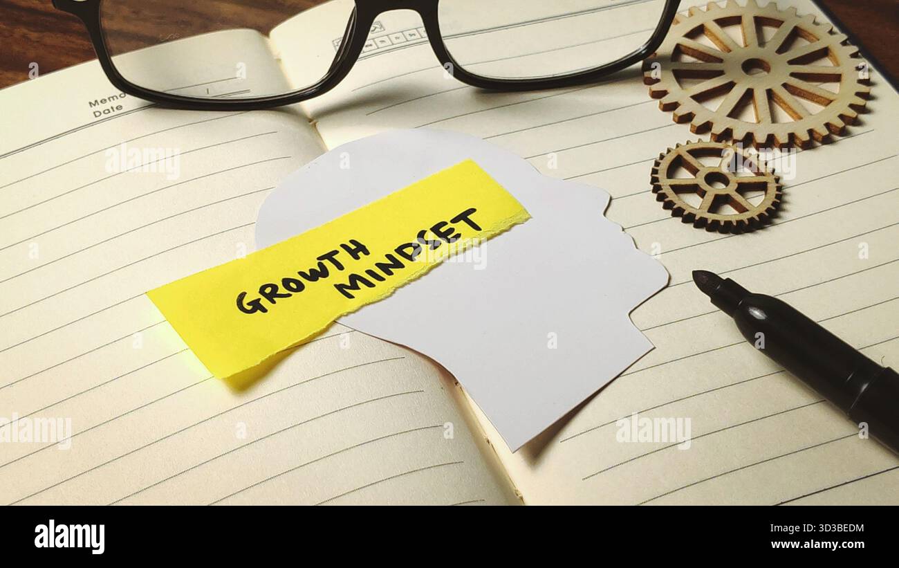 Entwicklung einer Wachstumseinstellung: Mentales Konzept zur Papierkopfsilhouette mit Zahnrädern Stockfoto