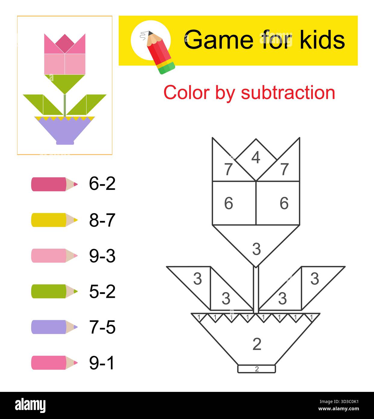 Lernspiele für Kinder. Farbe durch Subtraktion. Stock Vektor