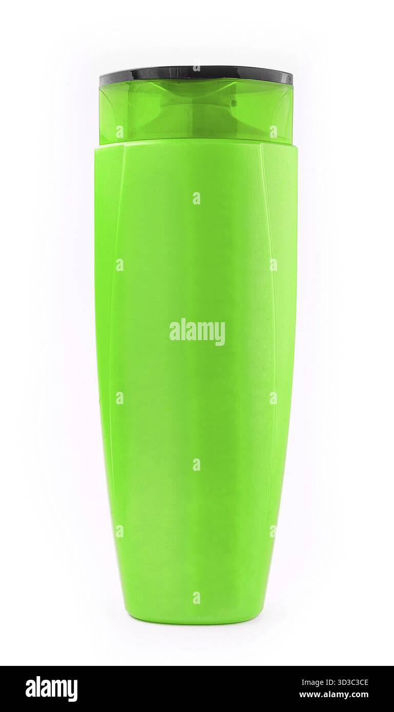 Essen, grüne Plastikflasche mit Shampoo Gel auf weißem Hintergrund Stockfoto