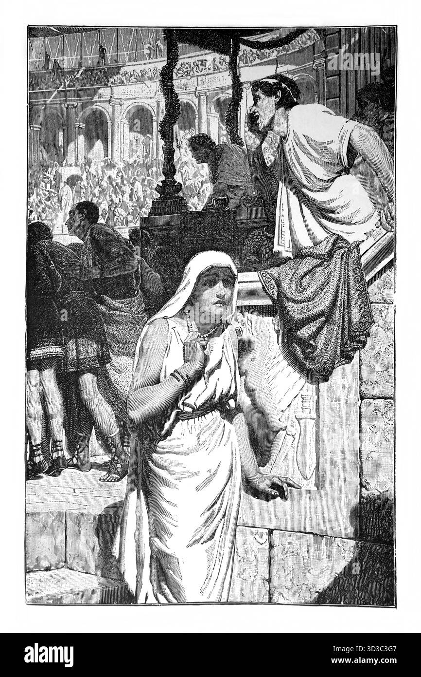 Illustration der Gladiatorenfrau, die den Kampf im Amphitheater aus der 1890er Ausgabe der schönen Geschichte Golden Juwels of Reli nicht sehen konnte Stockfoto