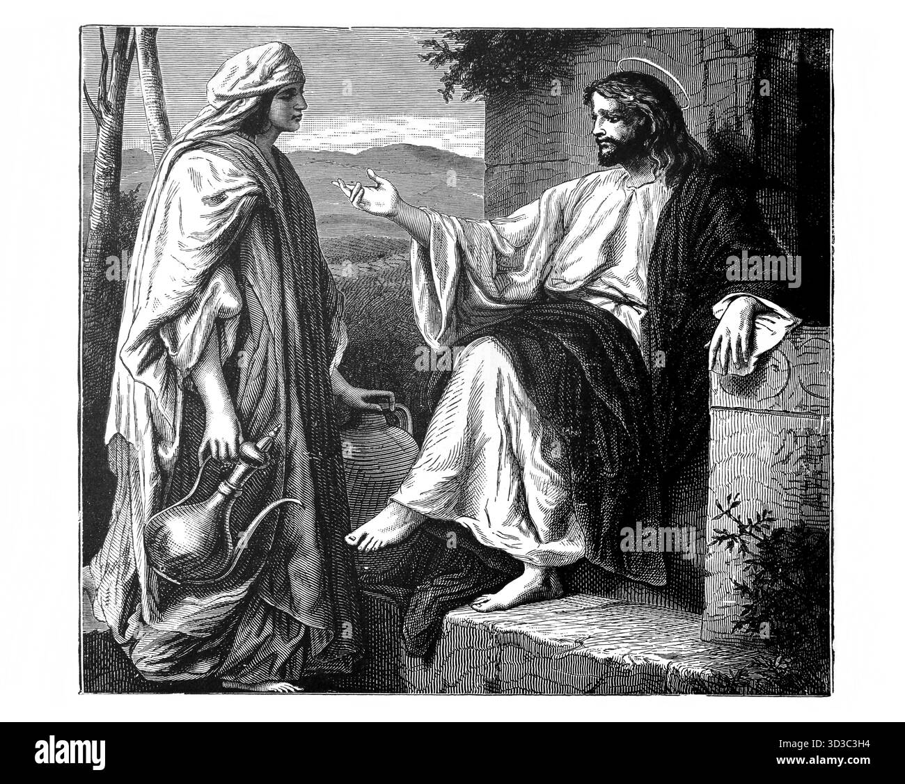 Illustration von Christus und der Frau von Samaria (Evangelium des Johannes) Jesus Christus bittet um ein Getränk Wasser von einer samaritanischen Frau am Jakobsbrunnen fr Stockfoto