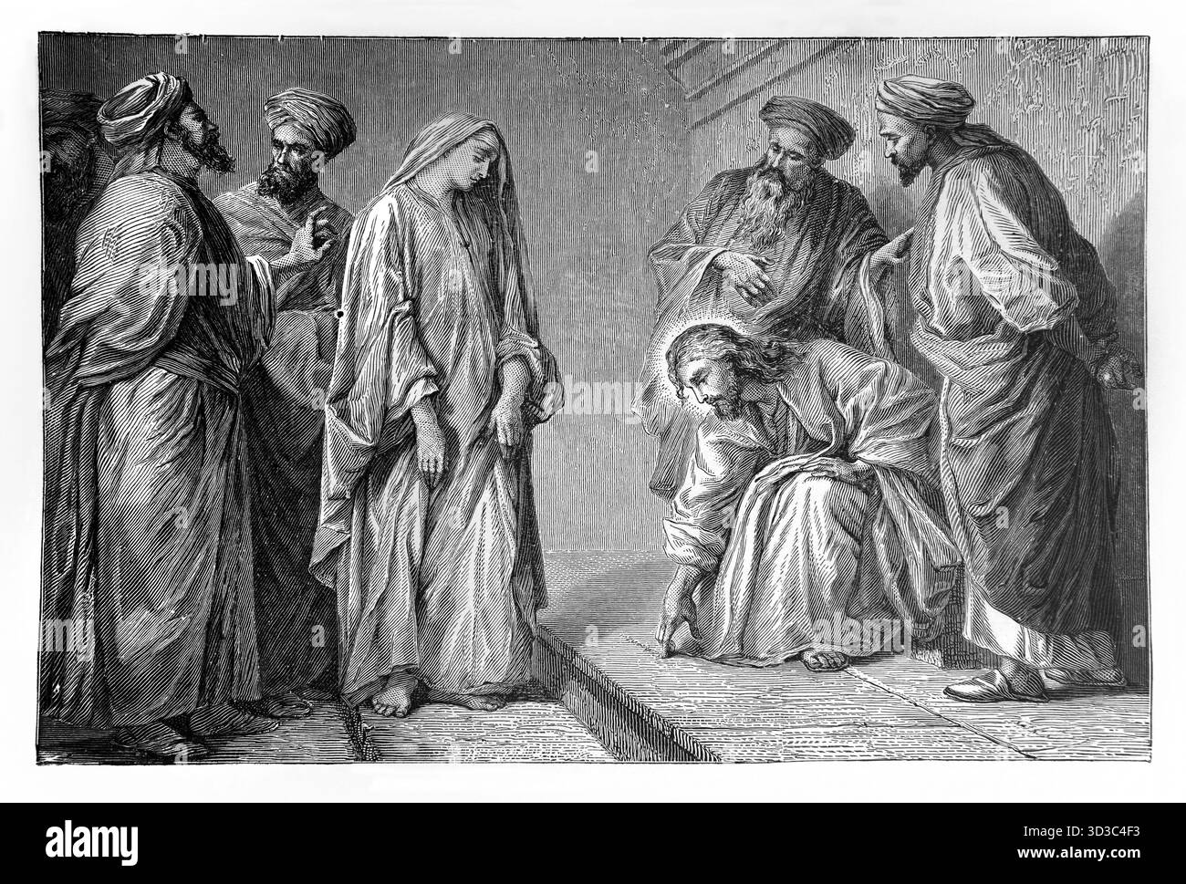 Illustration von Jesus Christus mit der Frau, die in Ehebruch genommen wurde, die von den Pharisäern hereingebracht wurde und sie zu Tode steinigen wollte Jesus sagt: „Er, der draußen ist Stockfoto