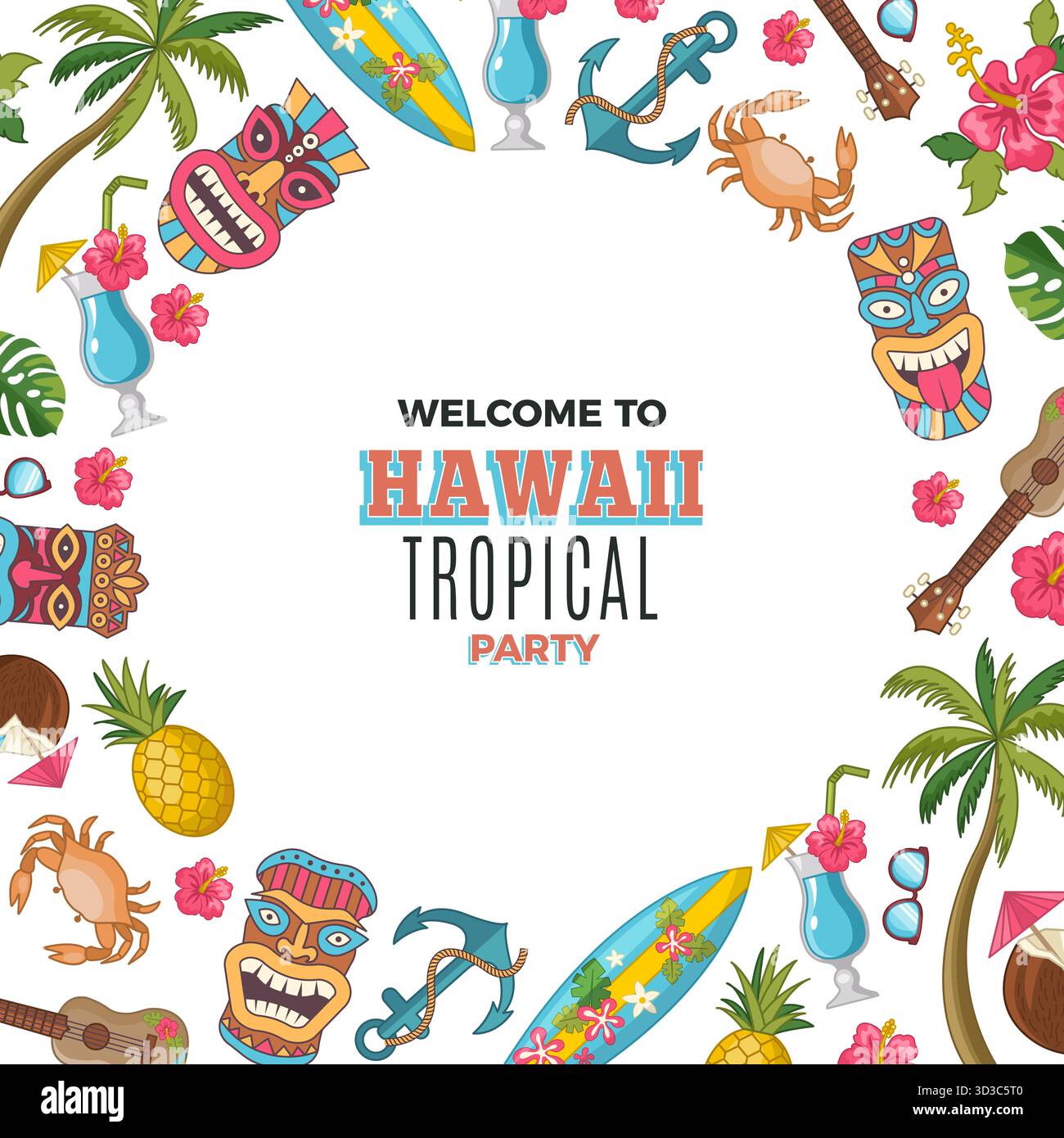 Hawaii-Poster. Kreisförmiger Hintergrund mit authentischen tropischen Gegenständen von hawaii. tiki Tribal Masken Originalkunstwerk Stock Vektor