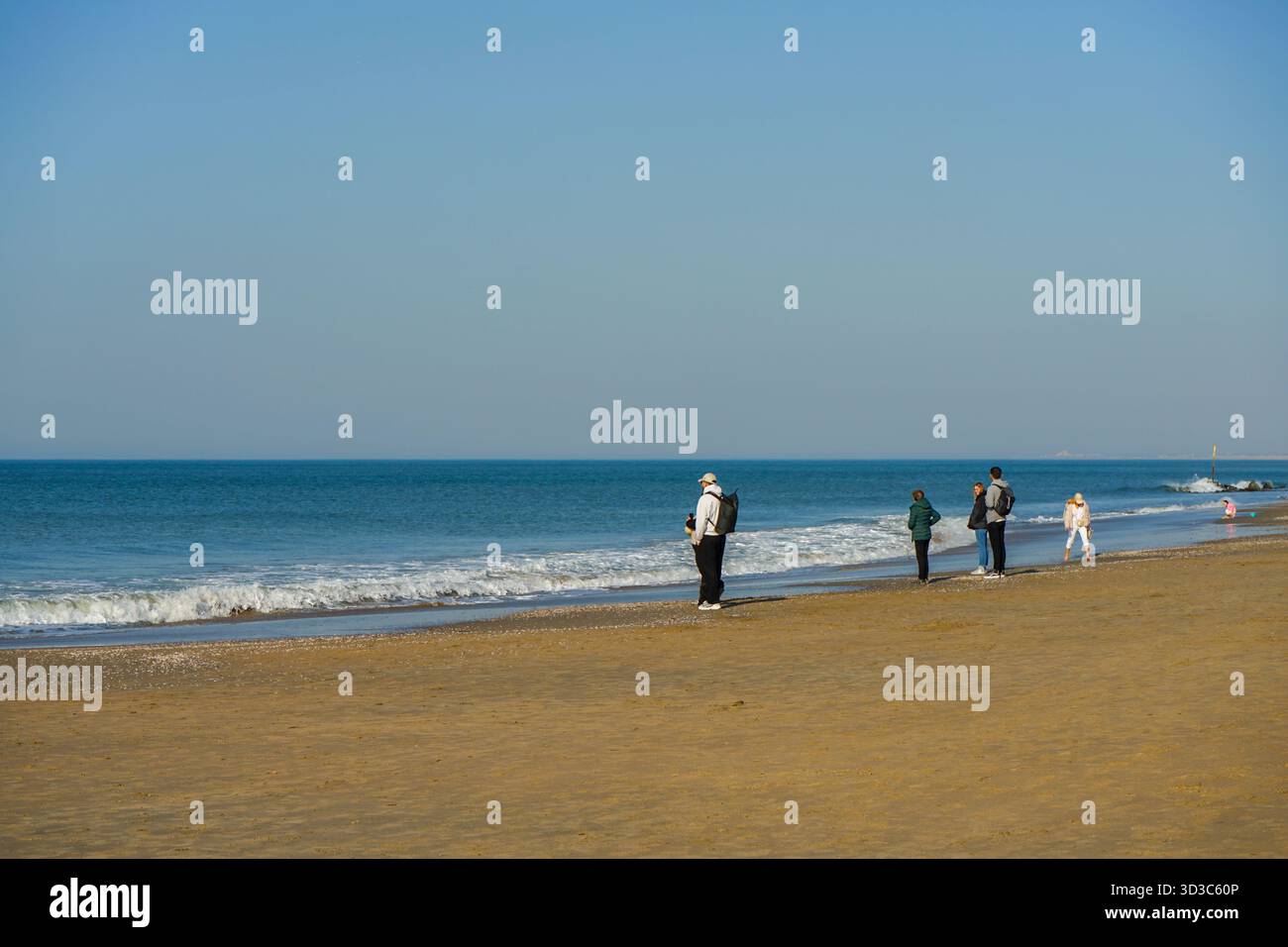 Besucher schlendern entlang der Sandküste des Strandes Scheveningen in den Haag. Stockfoto