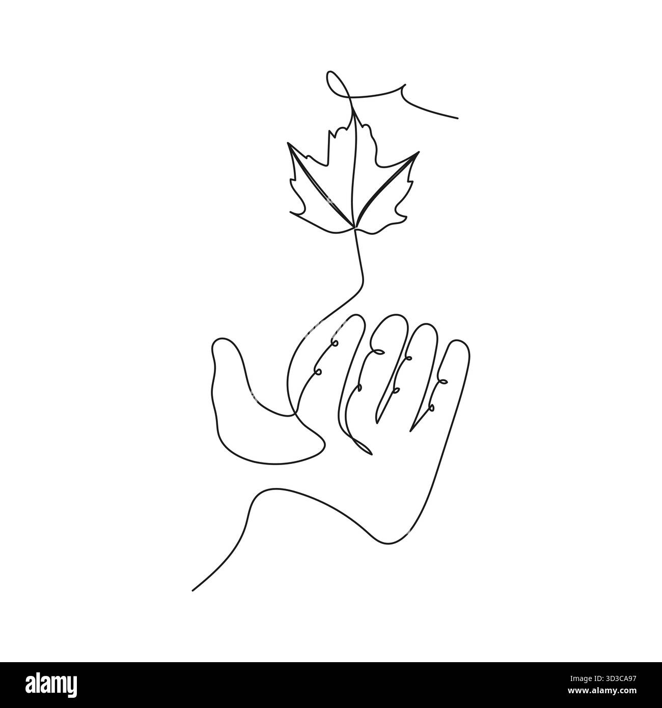 Hand hält ein Ahornblatt. Kontinuierliche Linie botanische und Naturvektor Illustration symbolisiert Herbst, Natur, Wachstum, Öko-Leben. Stock Vektor