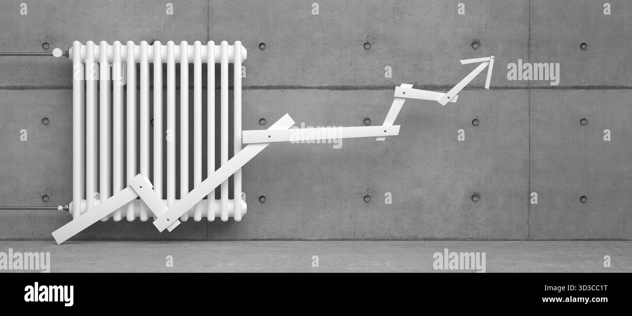 Klassischer Heizkörper mit Pfeil vor Hintergrund - 3D Abbildung Stockfoto