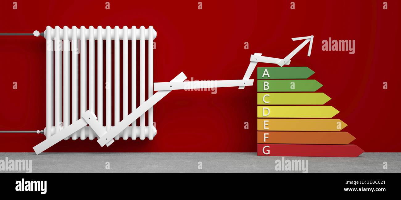 Klassischer Heizkörper mit Pfeil vor Hintergrund - 3D Abbildung Stockfoto