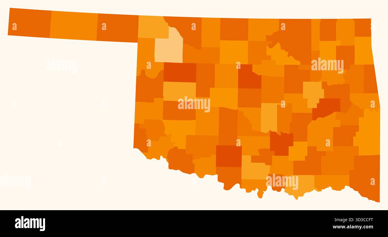 Vektor-Illustration einer leeren Karte von Oklahoma mit Countys, mit einer einfachen Staatsgrenze und Verwaltungsabteilungen in einer orangefarbenen Farbpalette. Stock Vektor