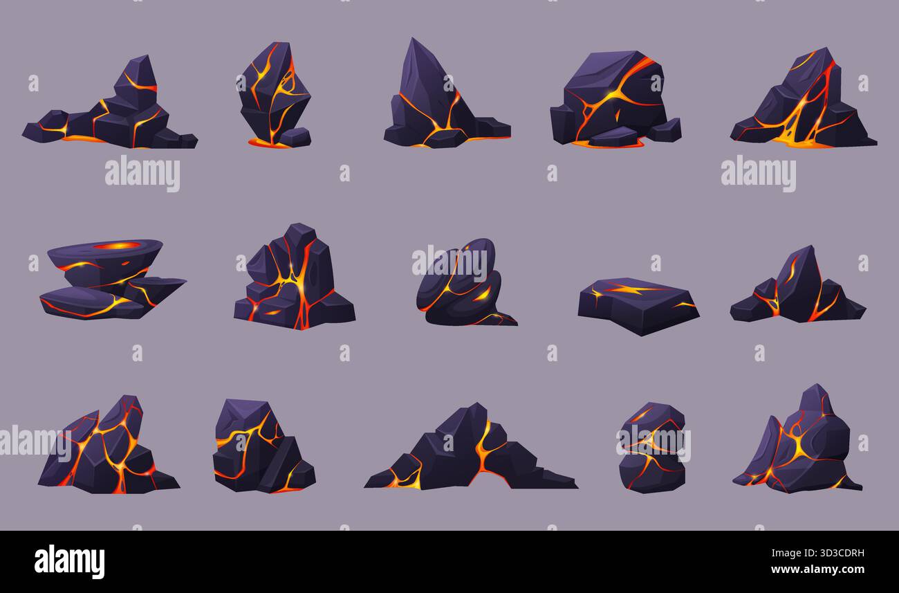 Lavasteine. Dunkle Bruchsteine mit Rissen und fließender Magma. Heiße Ströme im Berggestein, geologische Elemente. Vulkanische Elemente heute Vektorsatz Origi Stock Vektor
