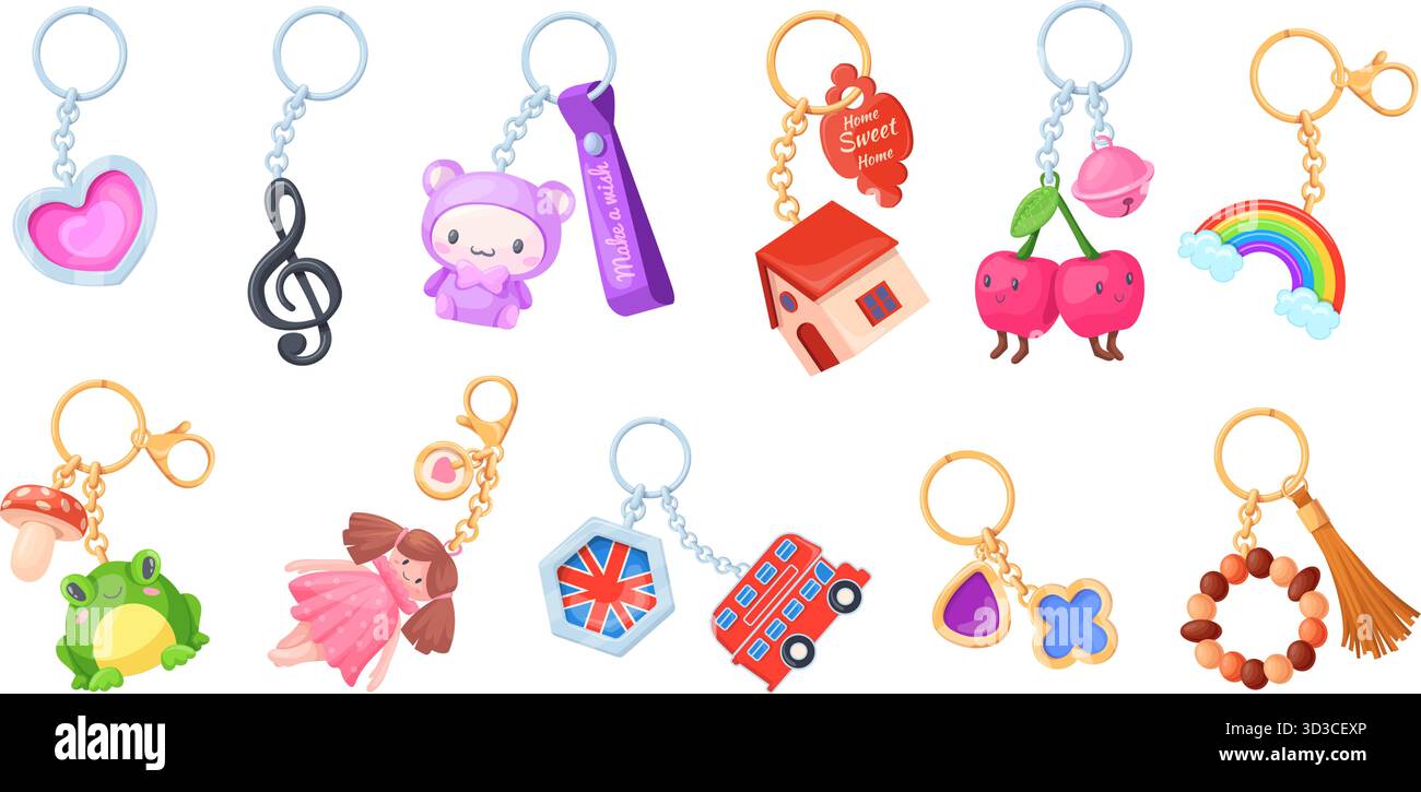 Cartoon Schlüsselanhänger. Schlüsselanhänger, Schlüsselhalter mit Schmuckstück Puppe auf Kettenring Anhänger dekorativer Anhänger für Türschlüssel Tasche Schlüsselanhänger Design Hängezubehör Stock Vektor