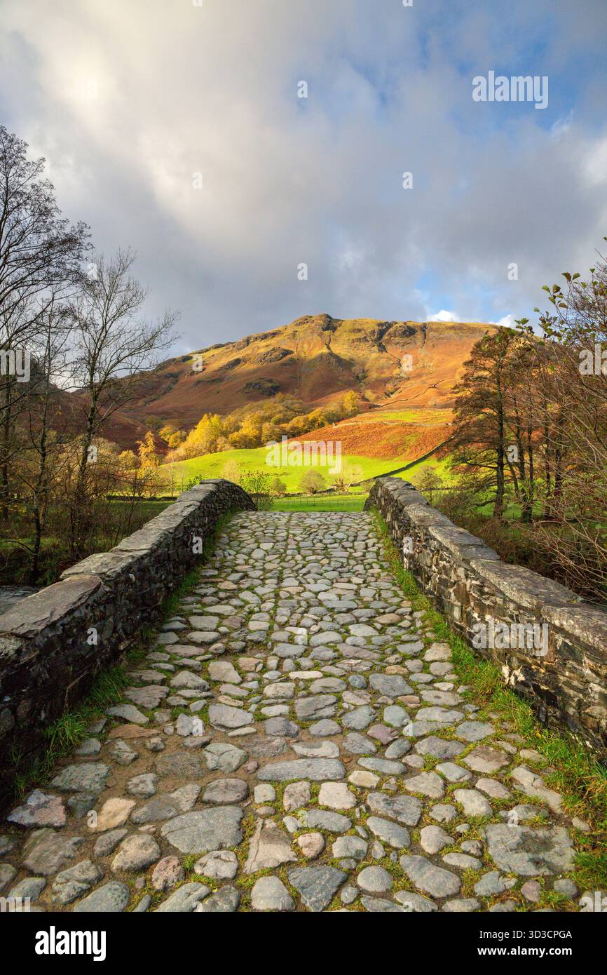 Eine traditionelle Steinbrücke führt in die leuchtende Herbstlandschaft von Borrowdale, umgeben von den satten Farben des Lake District. Stockfoto