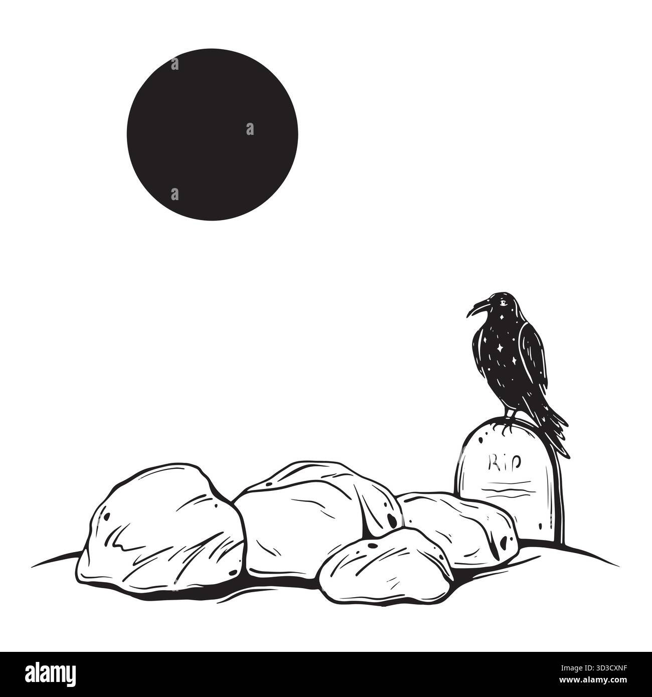 Skizze einer Krähe, die auf einem Grabstein neben einigen Steinen sitzt. Handgezeichnete Tusche Vektor-Illustration eines Vogels, der auf einem Grabstein sitzt. Lineare Grafik Stock Vektor