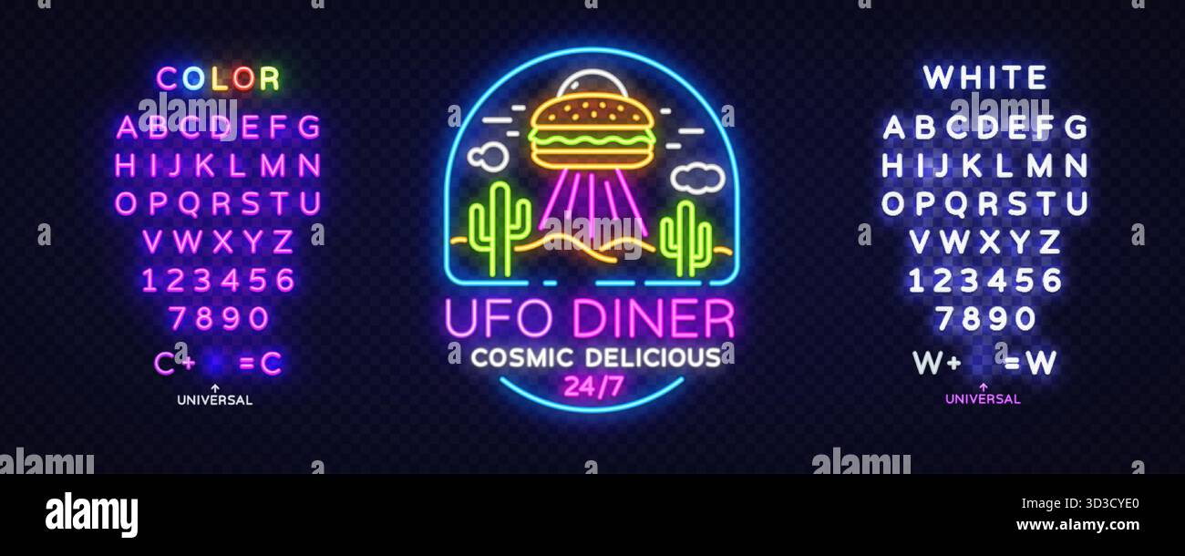 Farbenfrohes Neonschild mit einem Burger-förmigen UFO über Kakteen und Hügeln. Enthält bearbeitbare Neonschrift und Text UFO Diner Cosmic Delicious 24 7. Vektor Stock Vektor