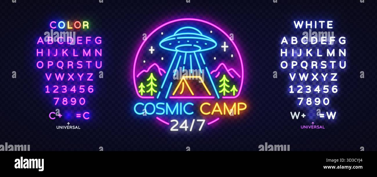 Neonschild mit einem UFO über einem Campingplatz mit leuchtendem Text Cosmic Camp 24 7. Enthält ein vollständiges Neonalphabet und bearbeitbare Zeichen. Heller Vektor Stock Vektor