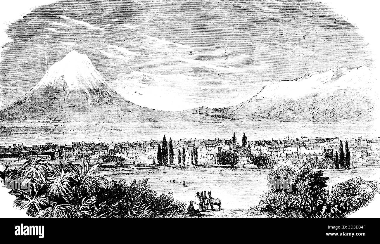 Arequipa Stadt mit schneebedeckten Andenbergen, Peru, Südamerika, historische Illustration 1900 Stockfoto