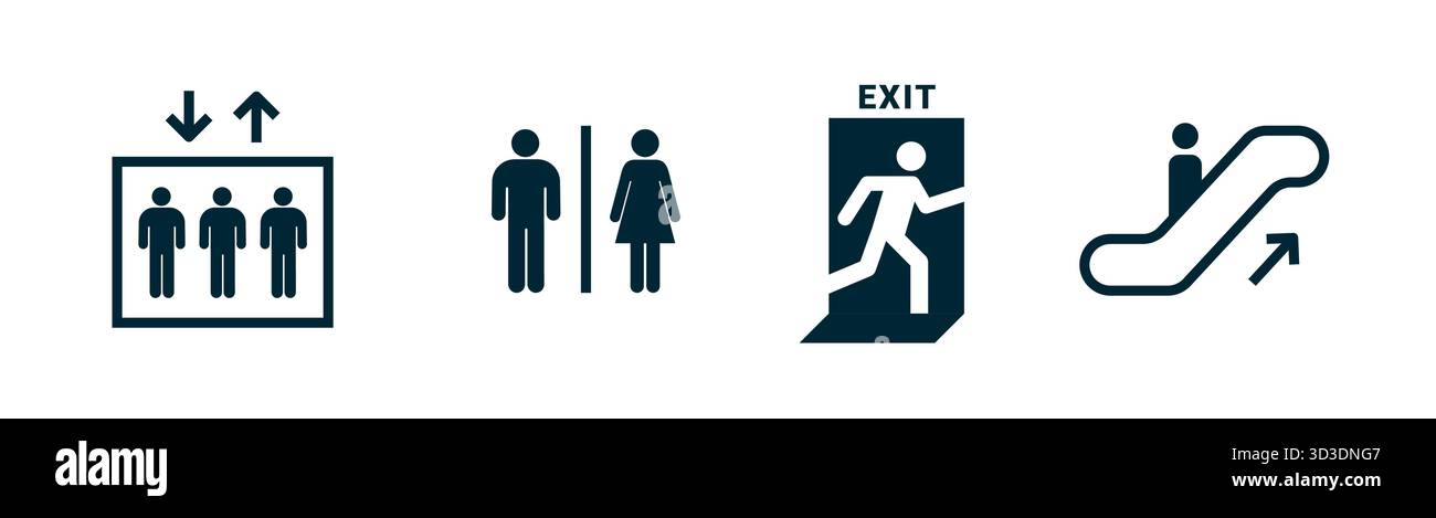 Satz von Symbolen für öffentliche Einrichtungen Symbol für Aufzüge, Toiletten, Ausgang und Mindestsymbole für Aufzüge Stock Vektor