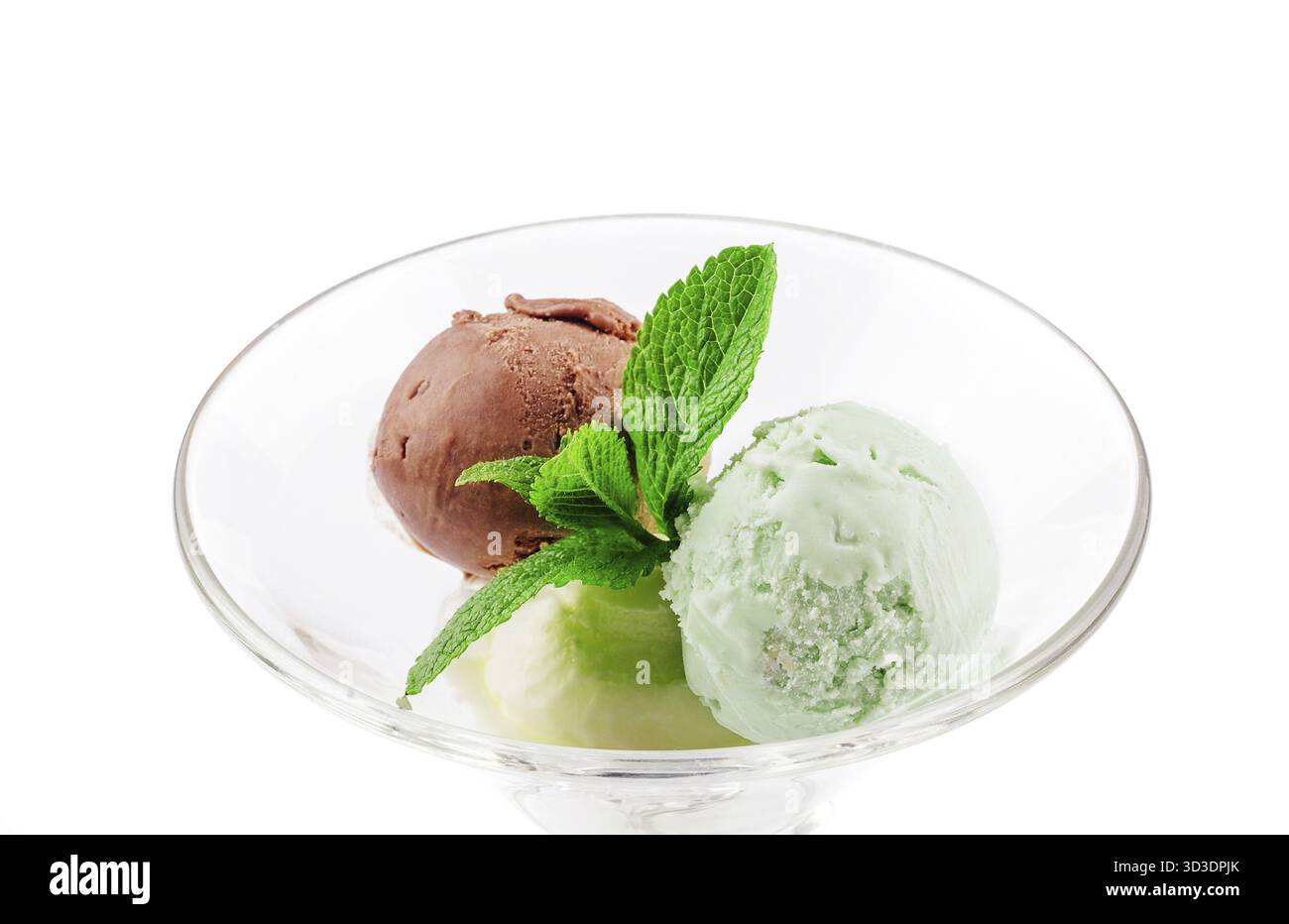 Essen, drei Eiskugeln in einem transparenten Glas Stockfoto