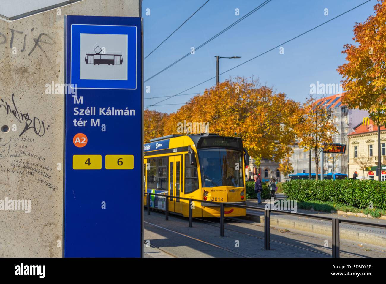 Straßenbahnhaltestelle Széll-Kálmán-Platz in Budapest – Straßenbahnlinien 4 und 6 an einem wichtigen Verkehrsknotenpunkt. Stockfoto