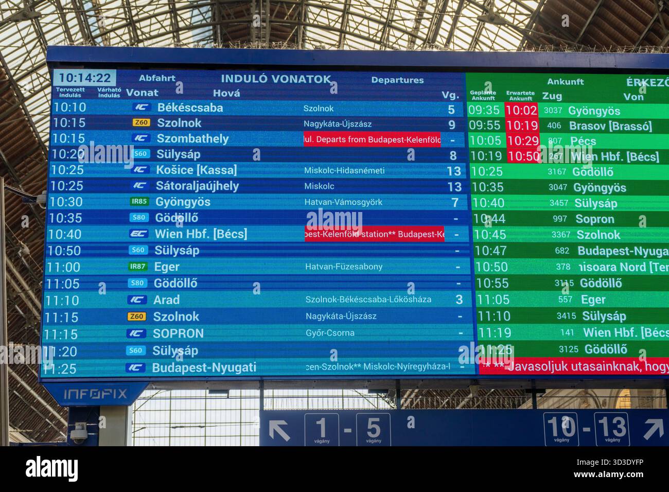 Abfahrt am Bahnhof Budapest Keleti (Ost) mit Zugabfahrten, Bahnsteigen und aktuellen Fahrplaninformationen. Stockfoto
