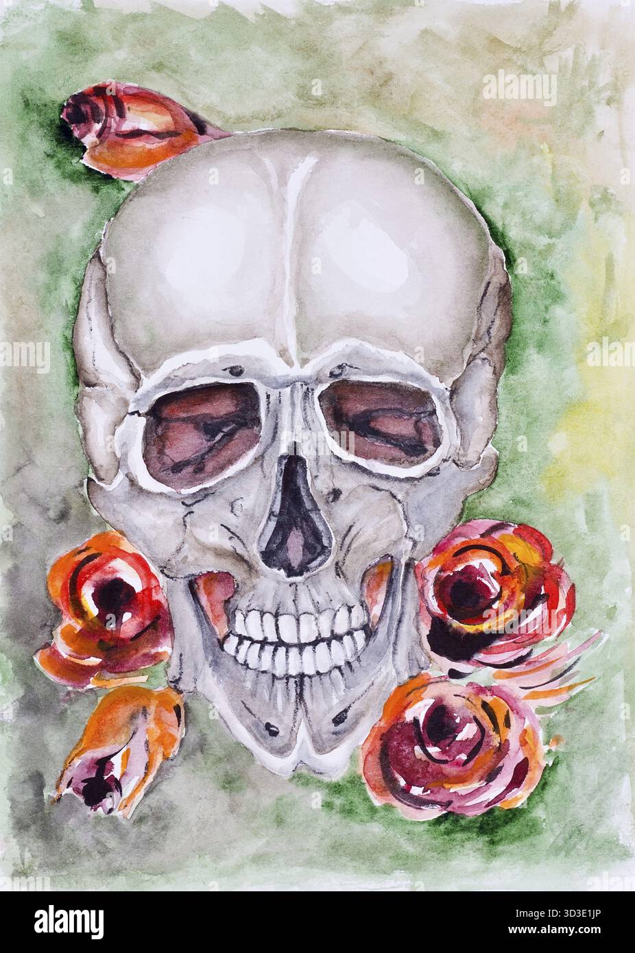 Schädel und Rosen abstrakte Stilleben. Tod und Leben sind immer zusammen Konzept. Aquarell gemalt Kunst illustration Stockfoto
