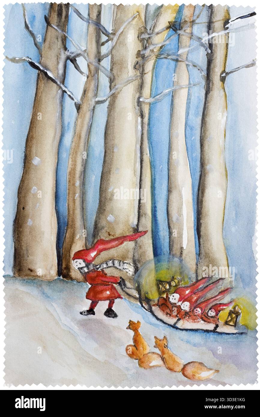 Rodelparty im Weihnachtswald des Rotfuchs. Handgefertigte, handgefertigte Illustration mit Aquarell. Rahmen im Briefmarkenstil enthält Patch Stockfoto