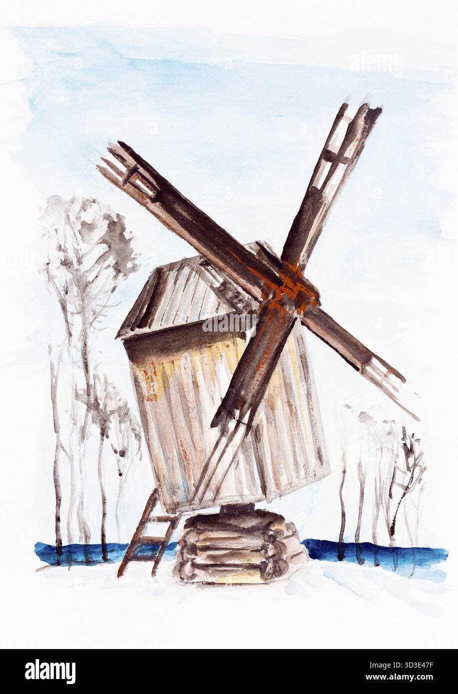 Alte Windmühle am Ufer der gefrorenen Winter-Flusslandschaft - handgemachte Aquarellmalerei Illustration auf weißem Papier Kunsthintergrund Stockfoto