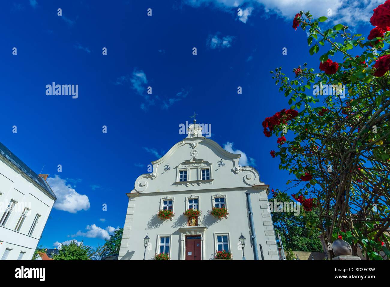 Die Stadtverwaltung Werder an der Havel, Brandenburg, fotografiert aus einem niedrigen Winkel mit viel Kopierraum. Stockfoto
