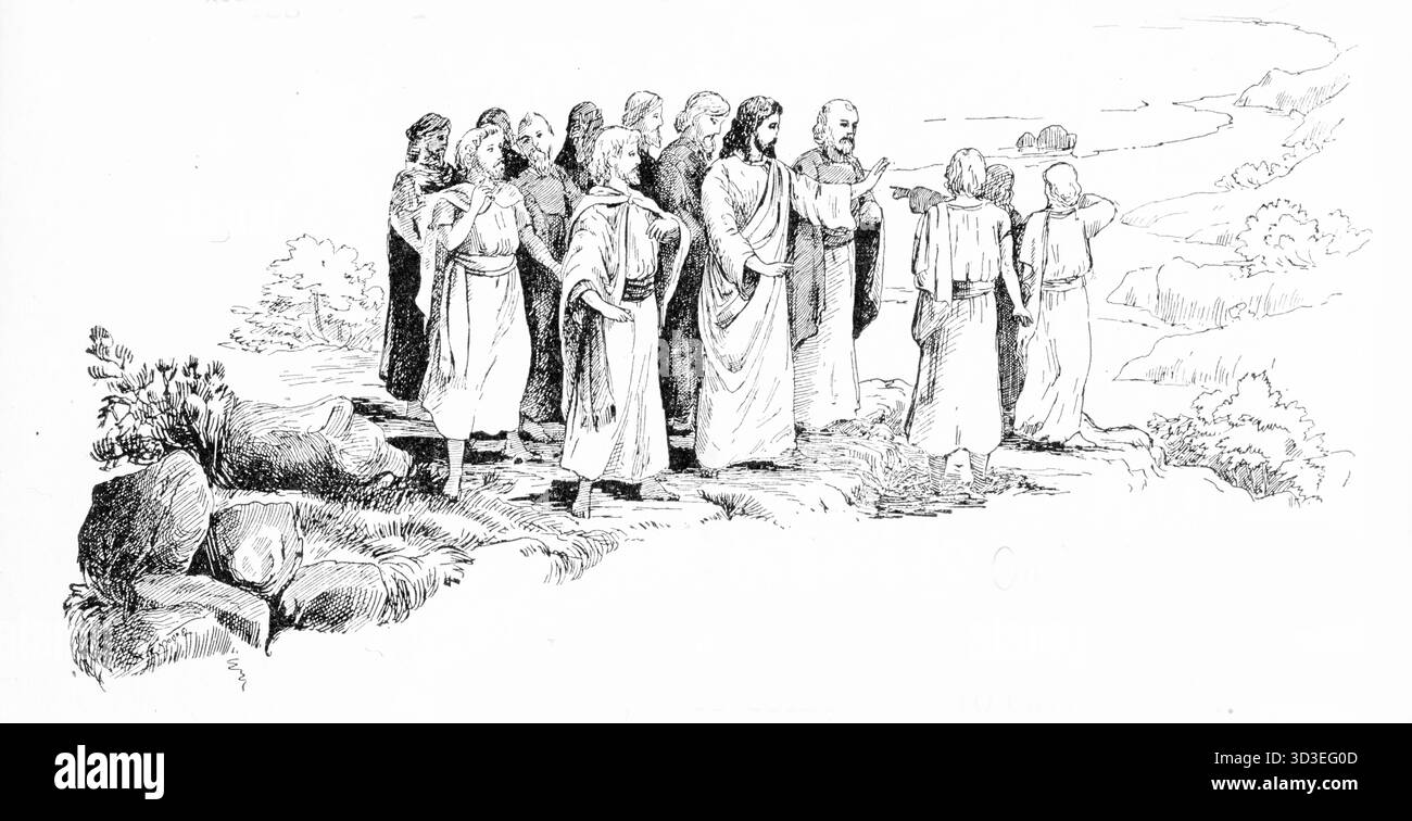 Jesus predigte am See von Galiläa mit seinen 12 Jüngern Stockfoto