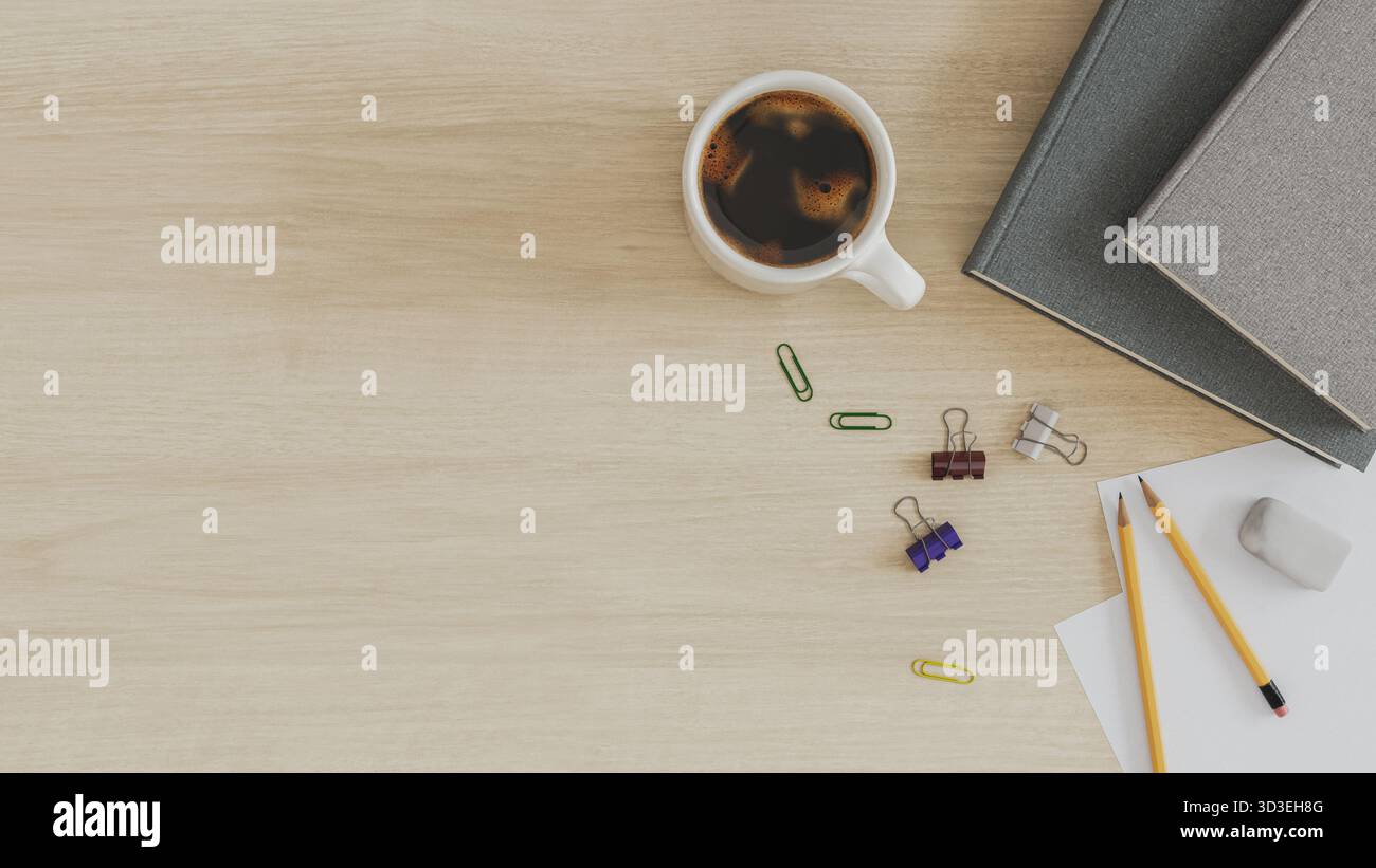 Arbeitsbereich Flat Lay mit Kaffee, Büchern und Bürobedarf. 3D-Rendering Stockfoto