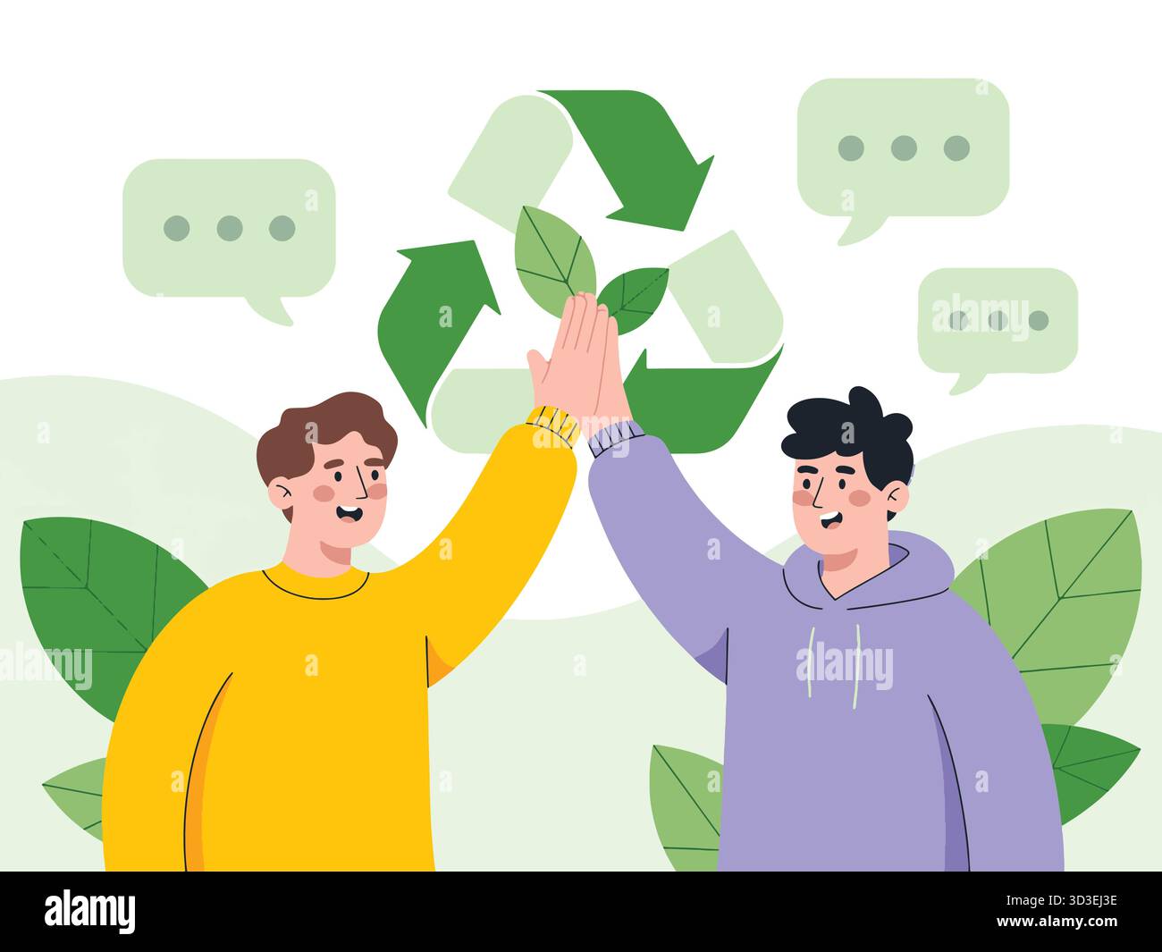 Personen, die High Five vor Recycling-Symbol und -Blätter geben Stock Vektor