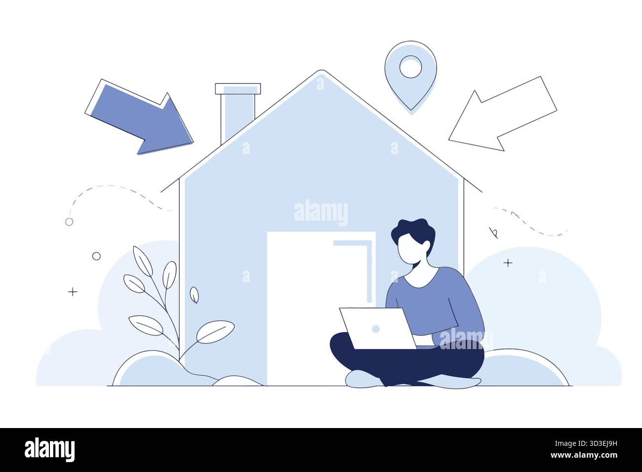 Illustration zum Arbeiten von zu Hause aus mit Personen-Laptop und Hausabbildung Stock Vektor